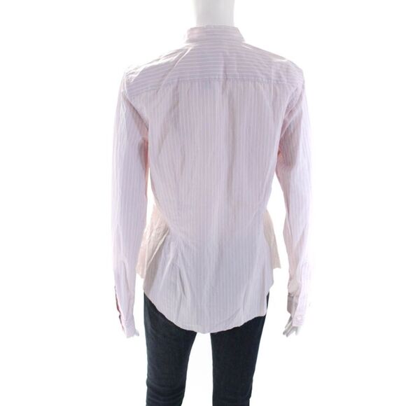 Theory Womens High Neck Striped Long Sleeve Button Up Shirt Blouse Pink Large - Picture 3 of 6